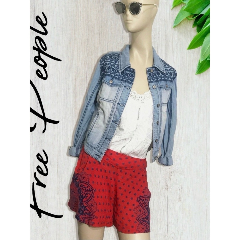 Free People Coral Red and Navy Printed Skort Shorts